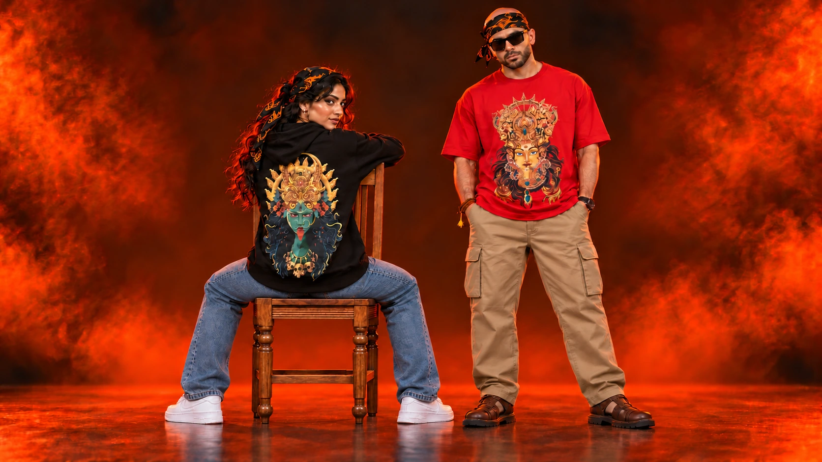 Two models wearing the Maa Kali hoodie and Maa Durga tee