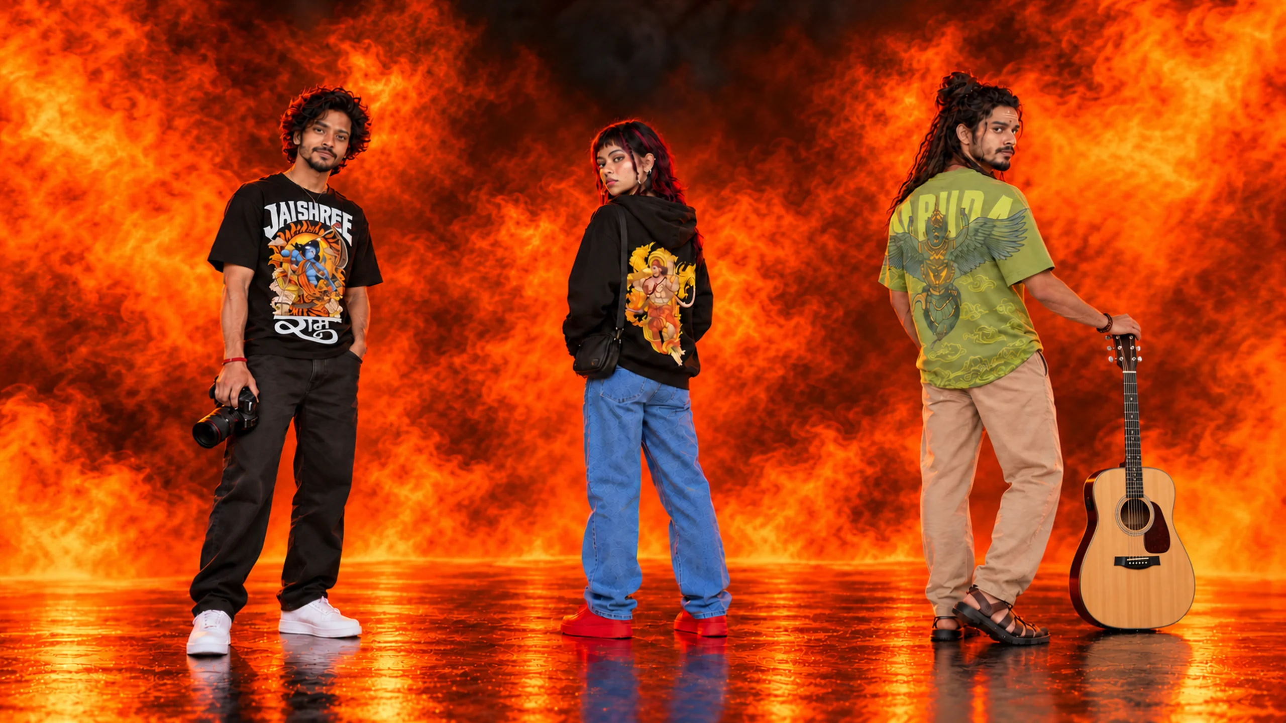 Three models wearing Shri Ram, Hanuman Ji and Garuda designs