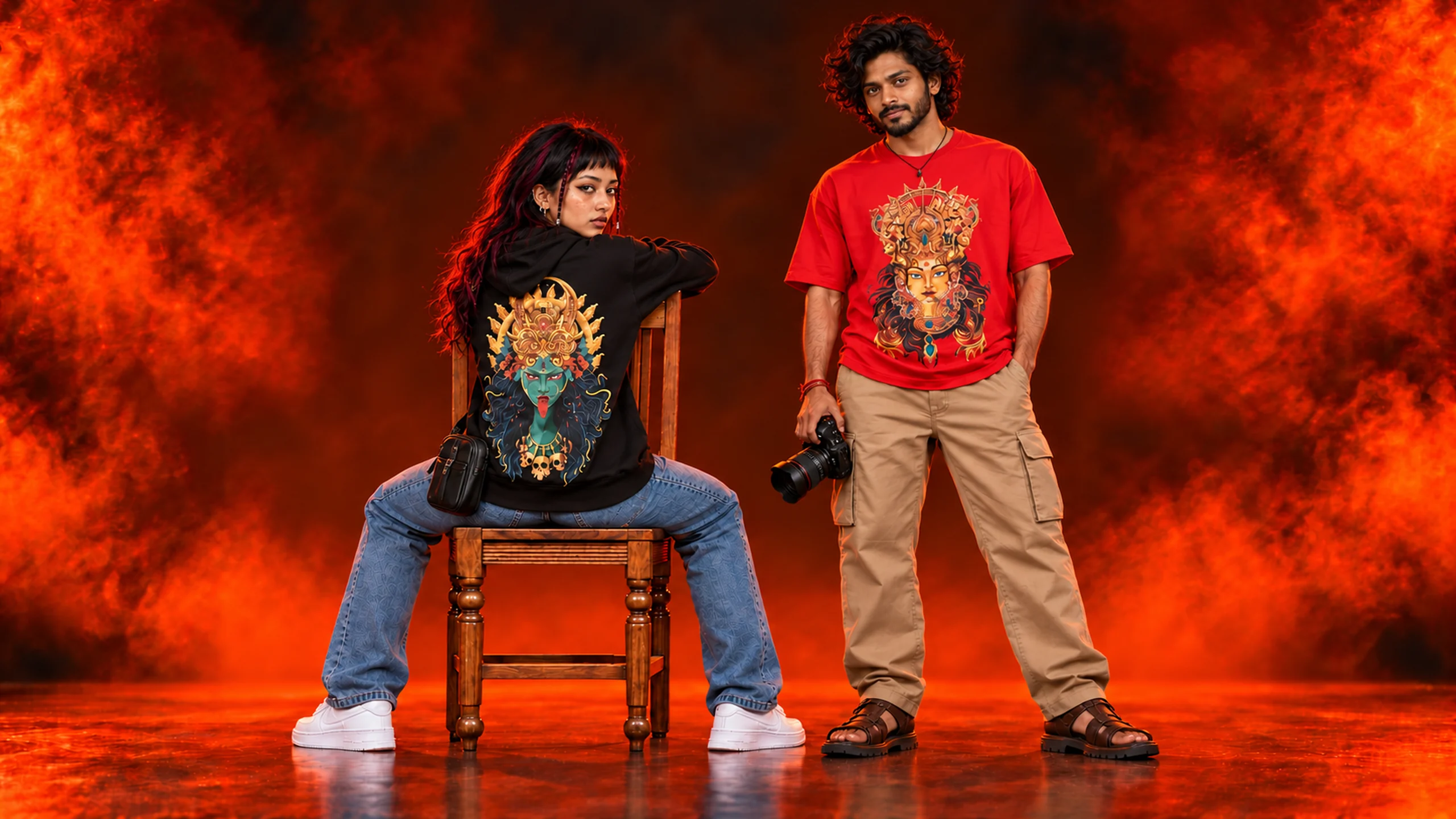 Two models wearing the Maa Kali hoodie and Maa Durga tee