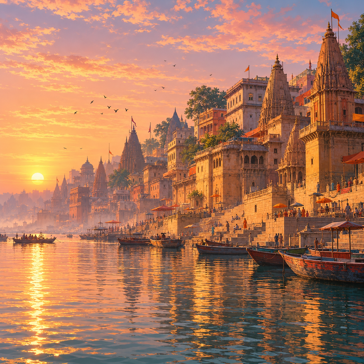 Anime-style view of Kashi’s riverfront ghats, temples and wooden boats in warm morning light