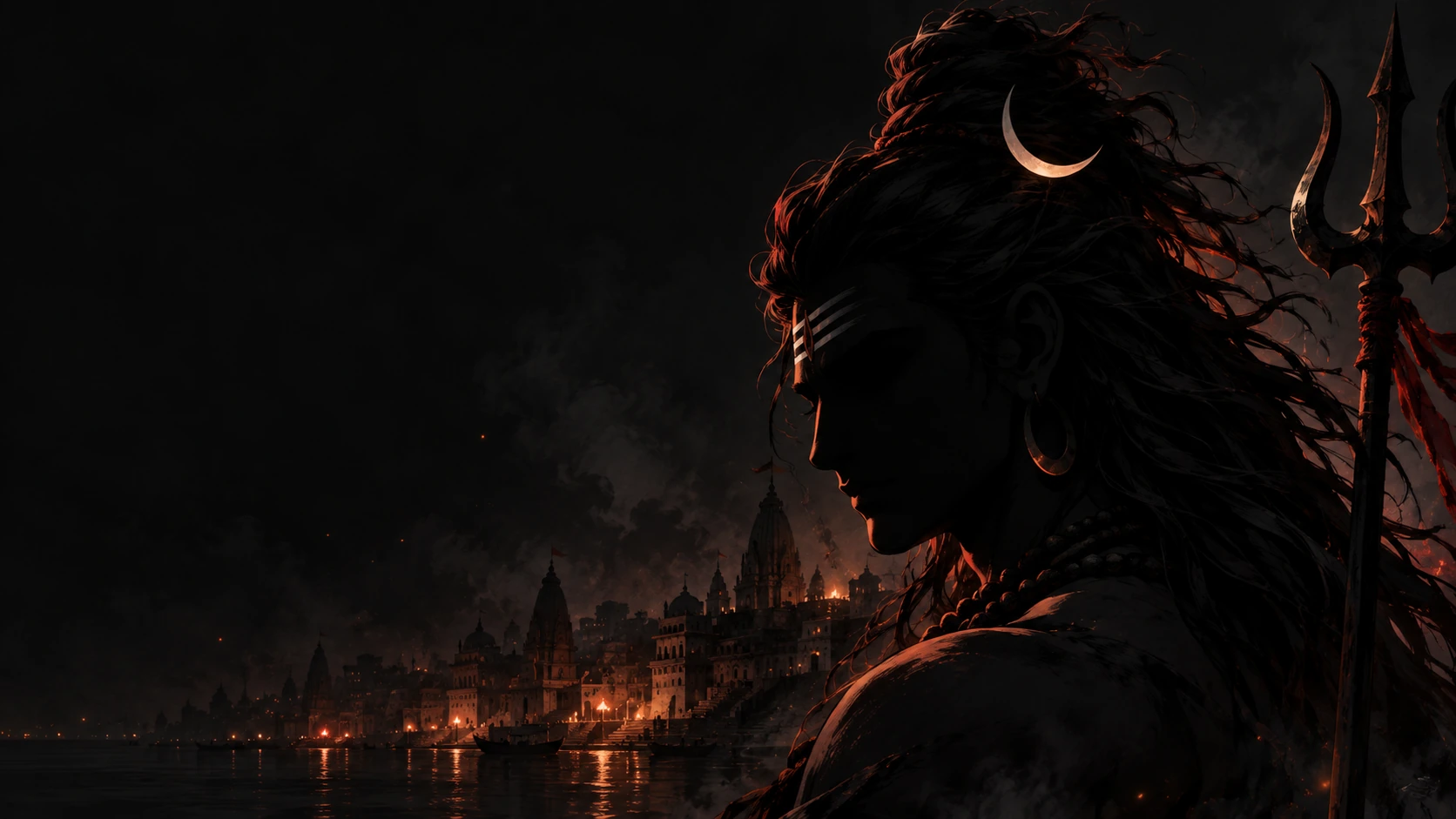 Anime-style partial silhouette of Shiv, with a trishul and orange light