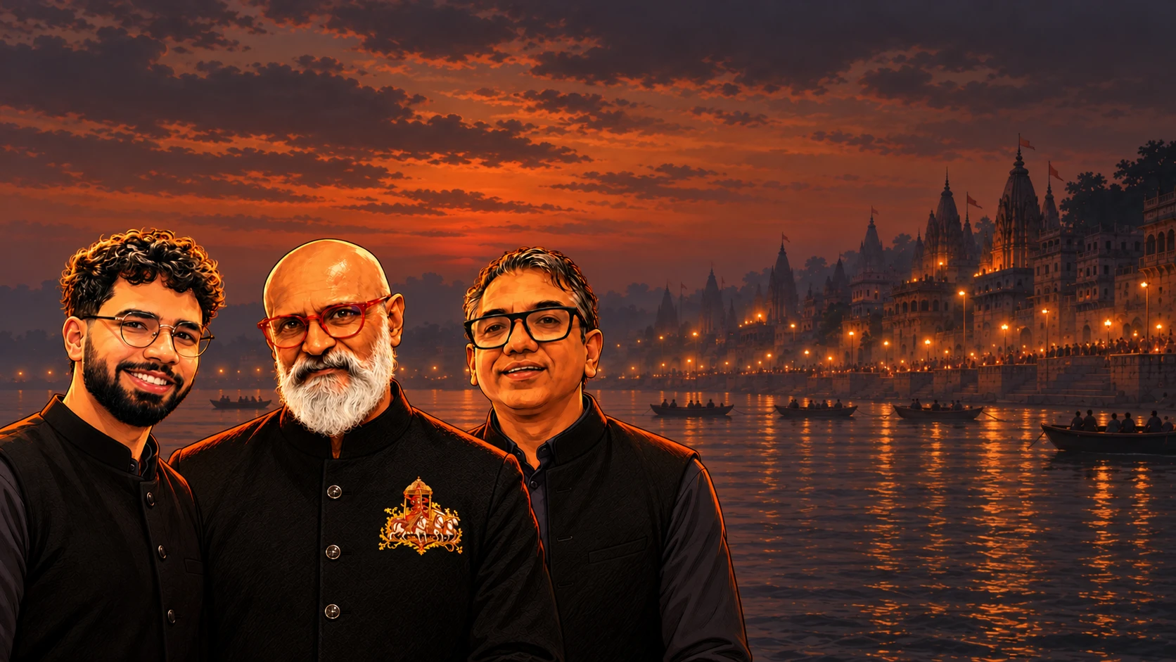 Anime portraits of Dev, Anil and Sameer beside Kashi’s evening shoreline
